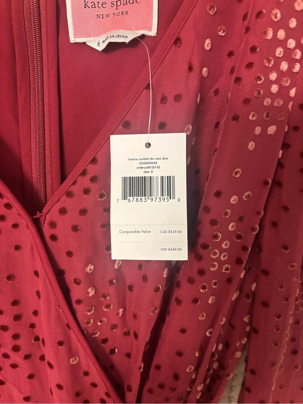 Kate Spade Maroon Festive Confetti Devore Long-Sleeve Mini Dress Size 6